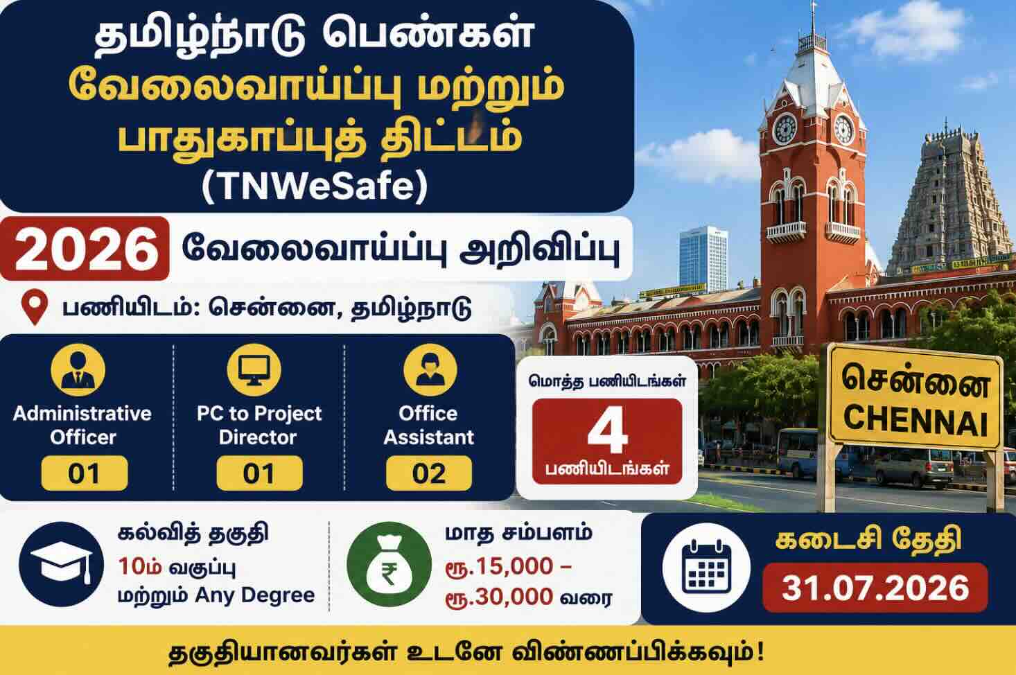 TNWeSafe Recruitment – தமிழ்நாடு பெண்கள் வேலைவாய்ப்பு 2026